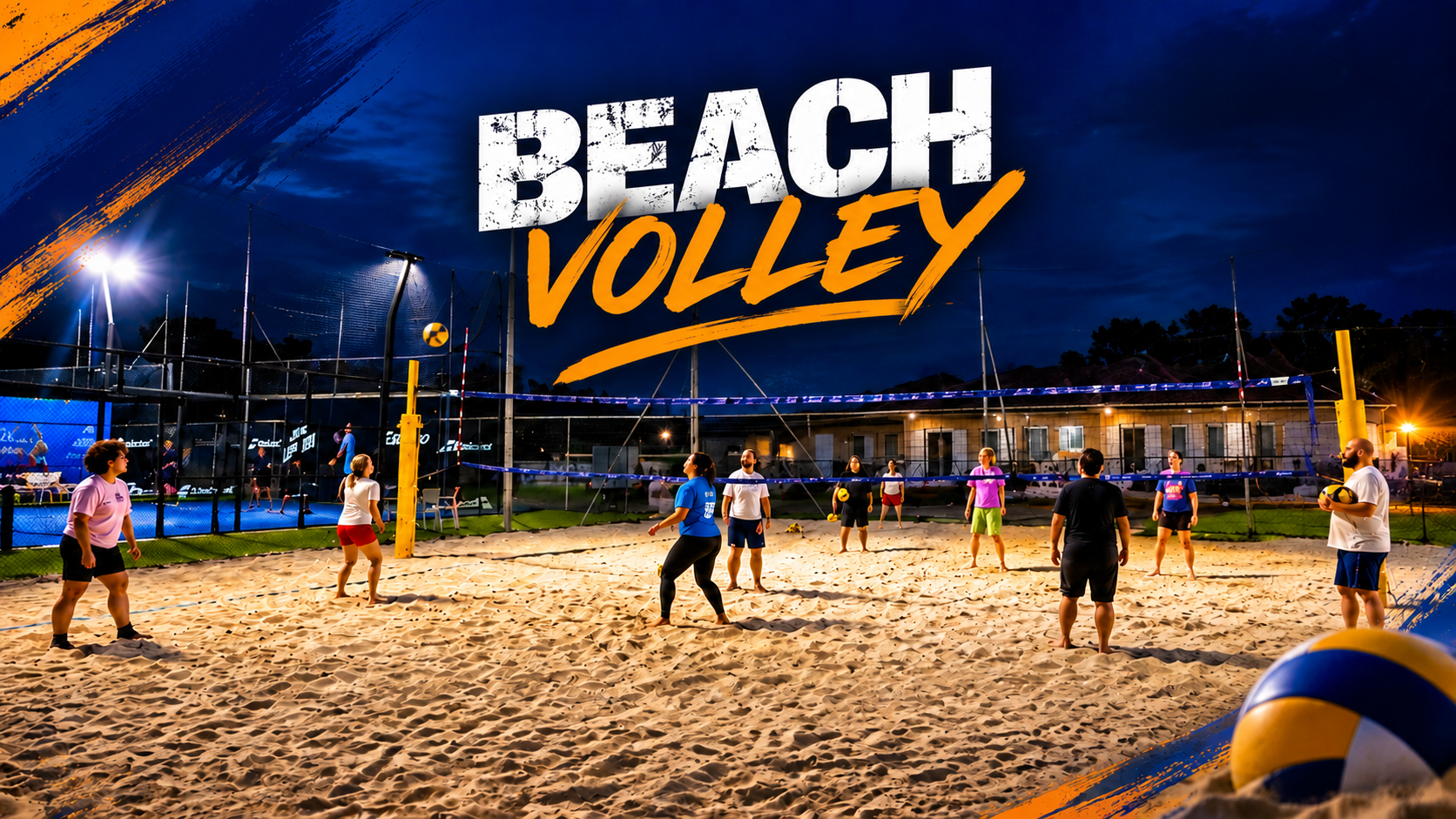Athletes on a sand court with the title Beach Volley