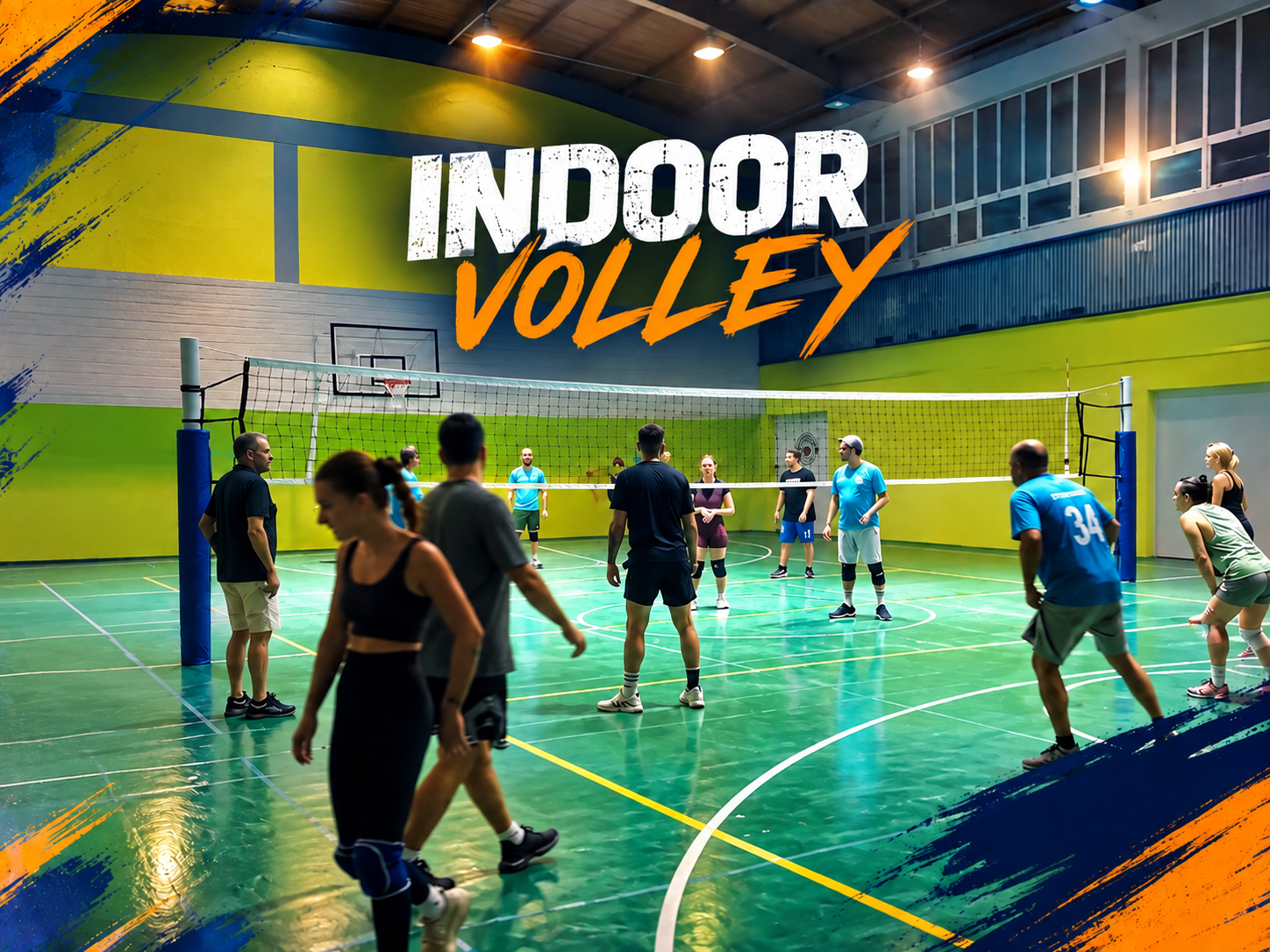 Athletes on an indoor court with the title Indoor Volley