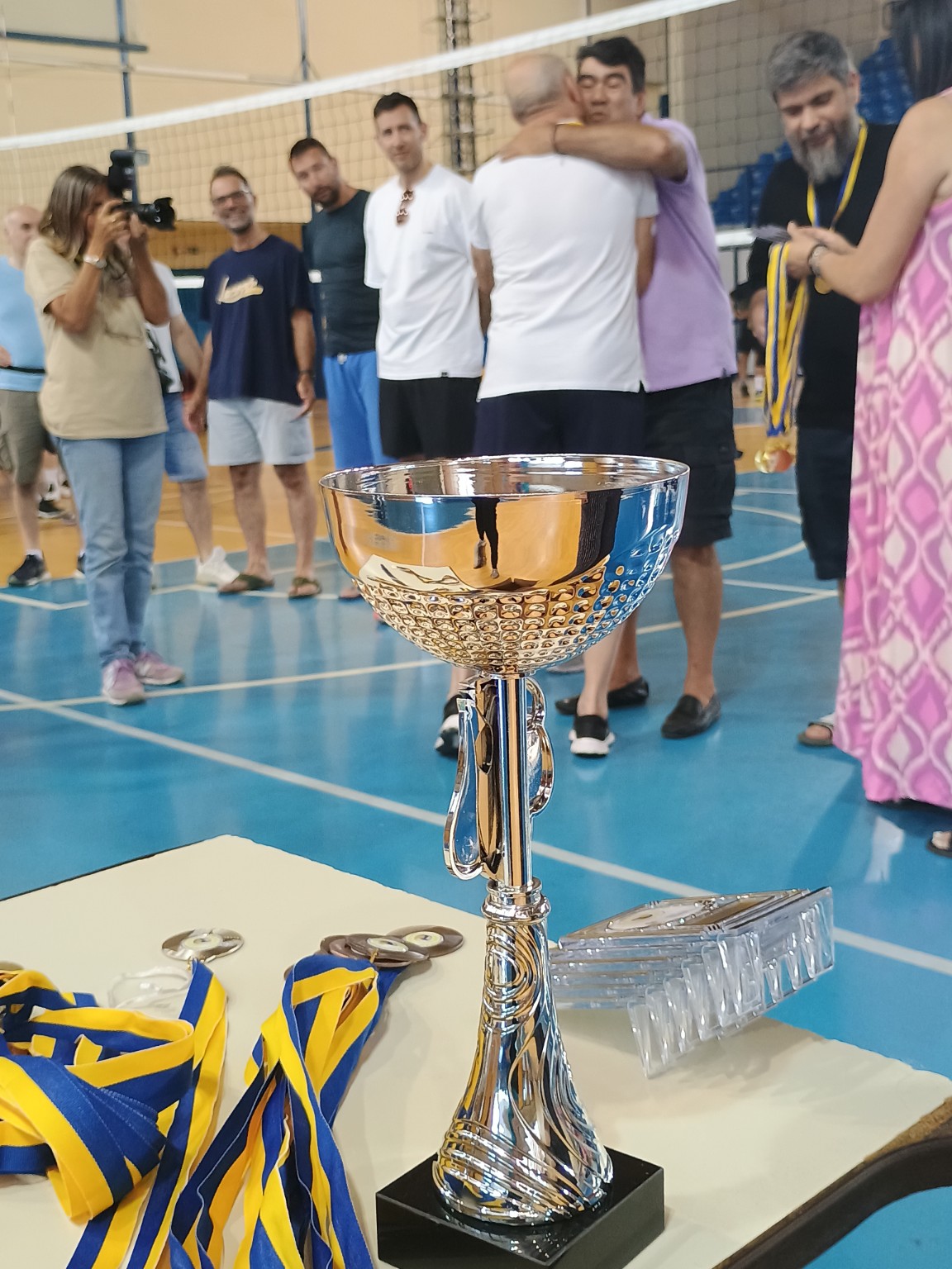 Commemorative trophies and medals displayed at the event